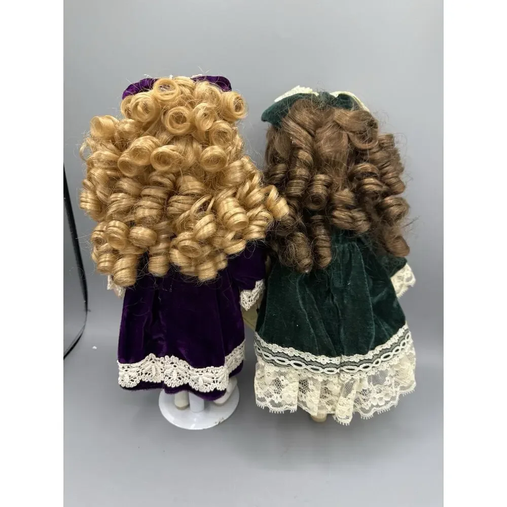 Pair 12” Porcelain Victorian Dolls Velvet Lace Dresses w/ Stands Tags